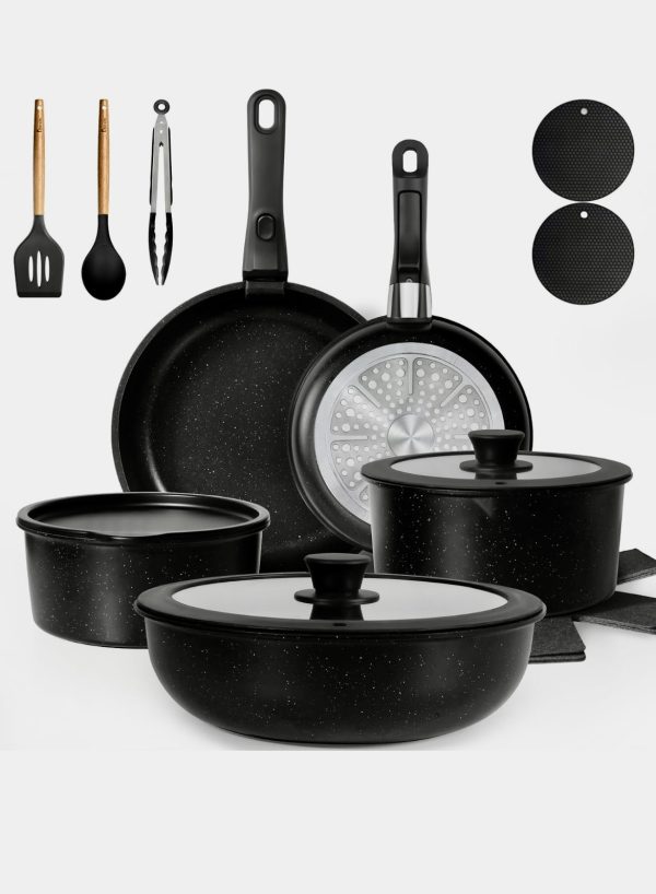 KIKCOIN 20 Pcs Pots and Pans Set Non Stick, Detachable Handle Cookware Sets Nonstick, Non Toxic Induction RV Kitchen Cooking Set with Removable Handles, Dishwasher/Oven Safe, Easy Clean (Black)