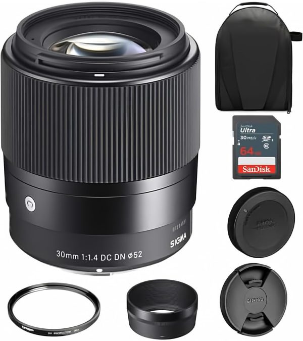 Sigma 30mm f/1.4 DC DN Contemporary Lens for Sony E | Mount Lens/APS-C Format, Rounded 9-Blade Diaphragm, Tiffen 52mm UV Protector Filter, 64GB Ultra UHS-I Memory Card, and Waith Camera Bag