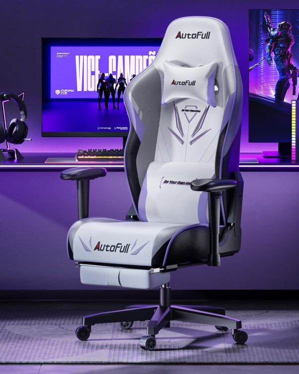 AutoFull C3 Gaming Chair, Ergonomic Wingless Cushion Computer Chair,PU Leather Racing Style Office Chair with Lumbar Support Pillow and Footrest,White