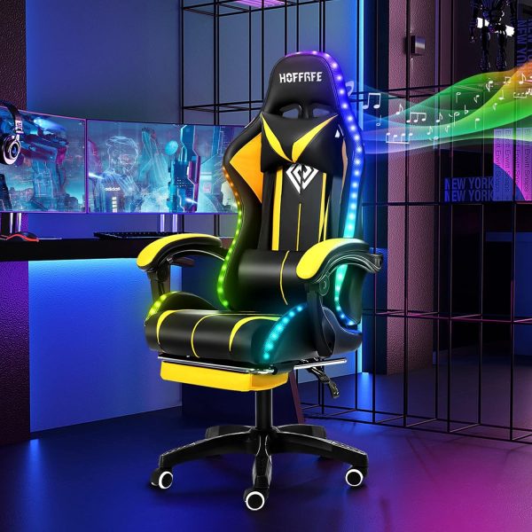 VANSPACE Massage Gaming Chair with Bluetooth Speakers and RGB LED Lights Ergonomic Computer Gaming Chair with Footrest Music Video Game Chair High Back with Lumbar Support Yellow and Black