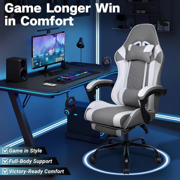 FAB&DELUXE Gaming Chair, Ergonomic Computer Office Chair with Footrest and Lumbar Support, Height Adjustable Desk Chair with 360° Swivel Seat and Headrest, Grey & White